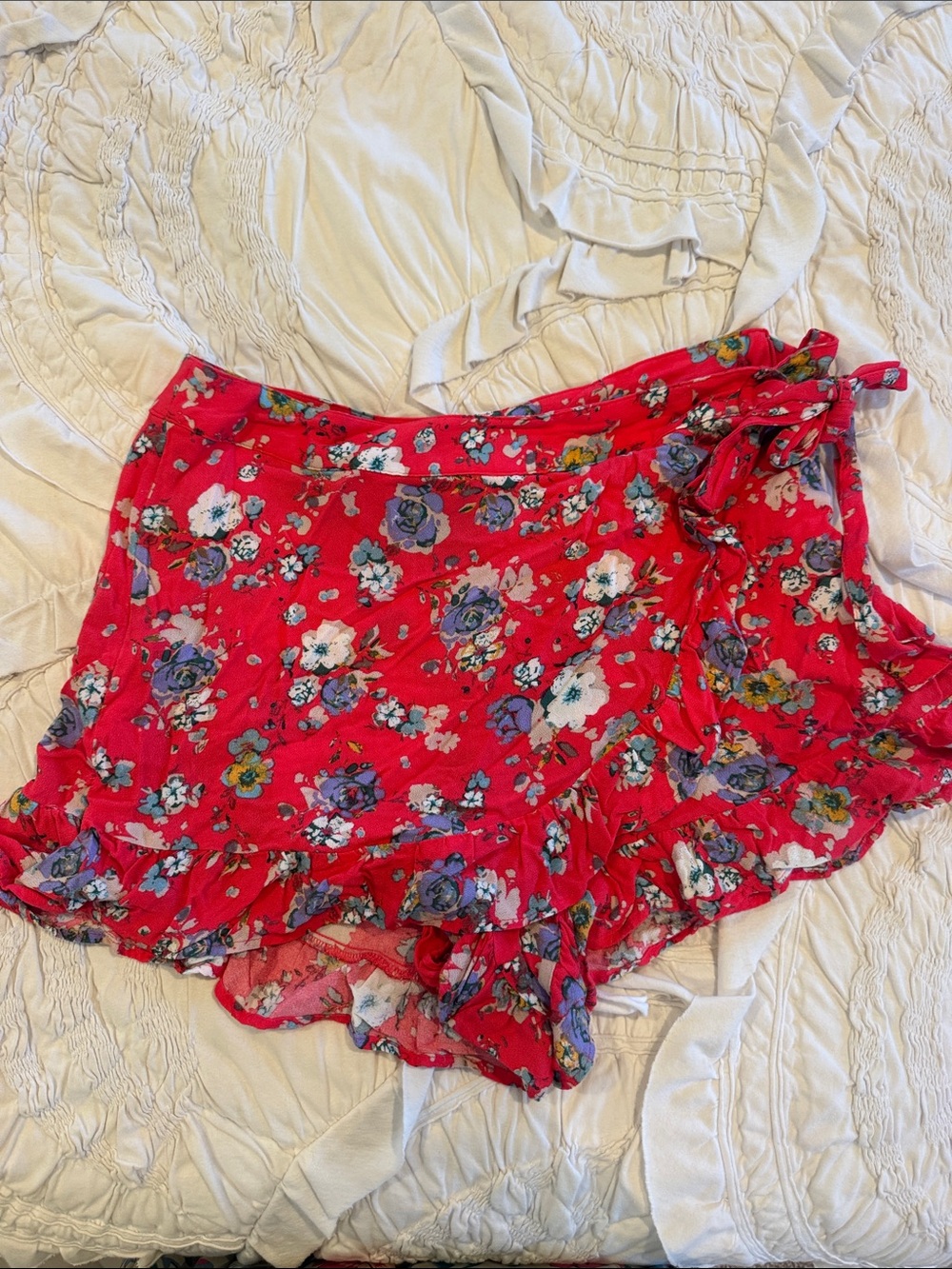 Free People Red Floral Ruffle Wrap Skort